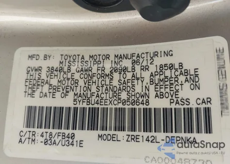 2012 Toyota Corolla Le из США, поврежденный, VIN 5YFBU4EEXCP050648